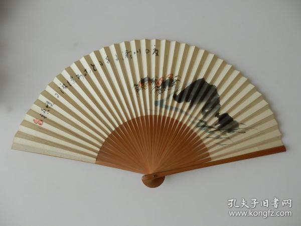 雅致日扇-怀袖雅物A-007：昭和期精工和纸手工玉竹多骨【夏扇】一把！薄纸扇面做工精致！【一面螃蟹水墨画图案，另面空白，空白面书画均可用】，扇轴带孔可自配扇坠！长度22cm！排口宽度1cm!