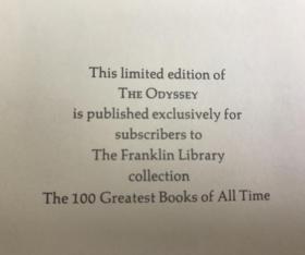 【现货在美国家中、包国际运费和中国海关关税】The Odyssey，《奥德赛》，Homer / 荷马（著），富兰克林图书馆出版的世界永恒经典100本名著系列丛书之一， 1976年限量版 A Limited Edition（请见实物拍摄照片第4、5张版权页），精装，厚册（502页），豪华全真皮封面，三面刷金，珍贵外国文学参考资料！