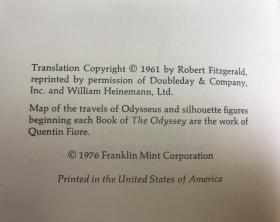 【现货在美国家中、包国际运费和中国海关关税】The Odyssey，《奥德赛》，Homer / 荷马（著），富兰克林图书馆出版的世界永恒经典100本名著系列丛书之一， 1976年限量版 A Limited Edition（请见实物拍摄照片第4、5张版权页），精装，厚册（502页），豪华全真皮封面，三面刷金，珍贵外国文学参考资料！