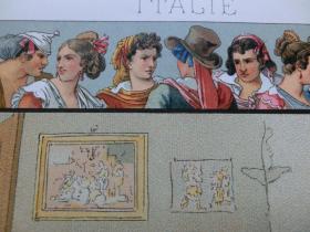 【百元包邮】《意大利         19世纪上班叶，罗马的特拉斯提弗列的男子服饰，及女子的头饰（上）。》 1888年出版 石版画 纸张尺寸约22×18厘米 （编号S000581）