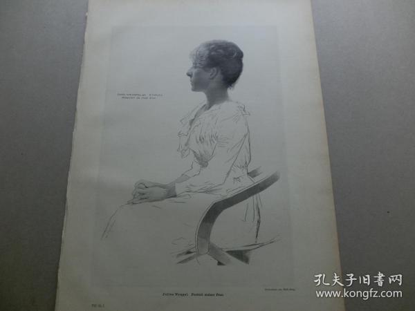 【百元包邮】《画家妻子像》（Portrait meiner Frau）1893年 木刻版画 木口木刻 纸张尺寸约41×29厘米 （编号M003370)