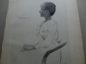 【百元包邮】《画家妻子像》（Portrait meiner Frau）1893年 木刻版画 木口木刻 纸张尺寸约41×29厘米 （编号M003370)