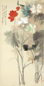 张大千 五色荷花图 55x106cm 纸本 艺术微喷画芯 名画复制