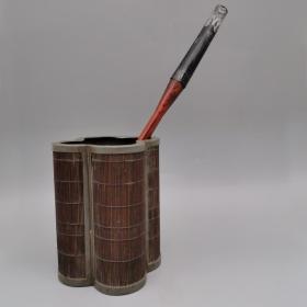 清代白锡文房笔筒圆角嵌竹丝异型笔筒带名人款老锡器锡制品老物件