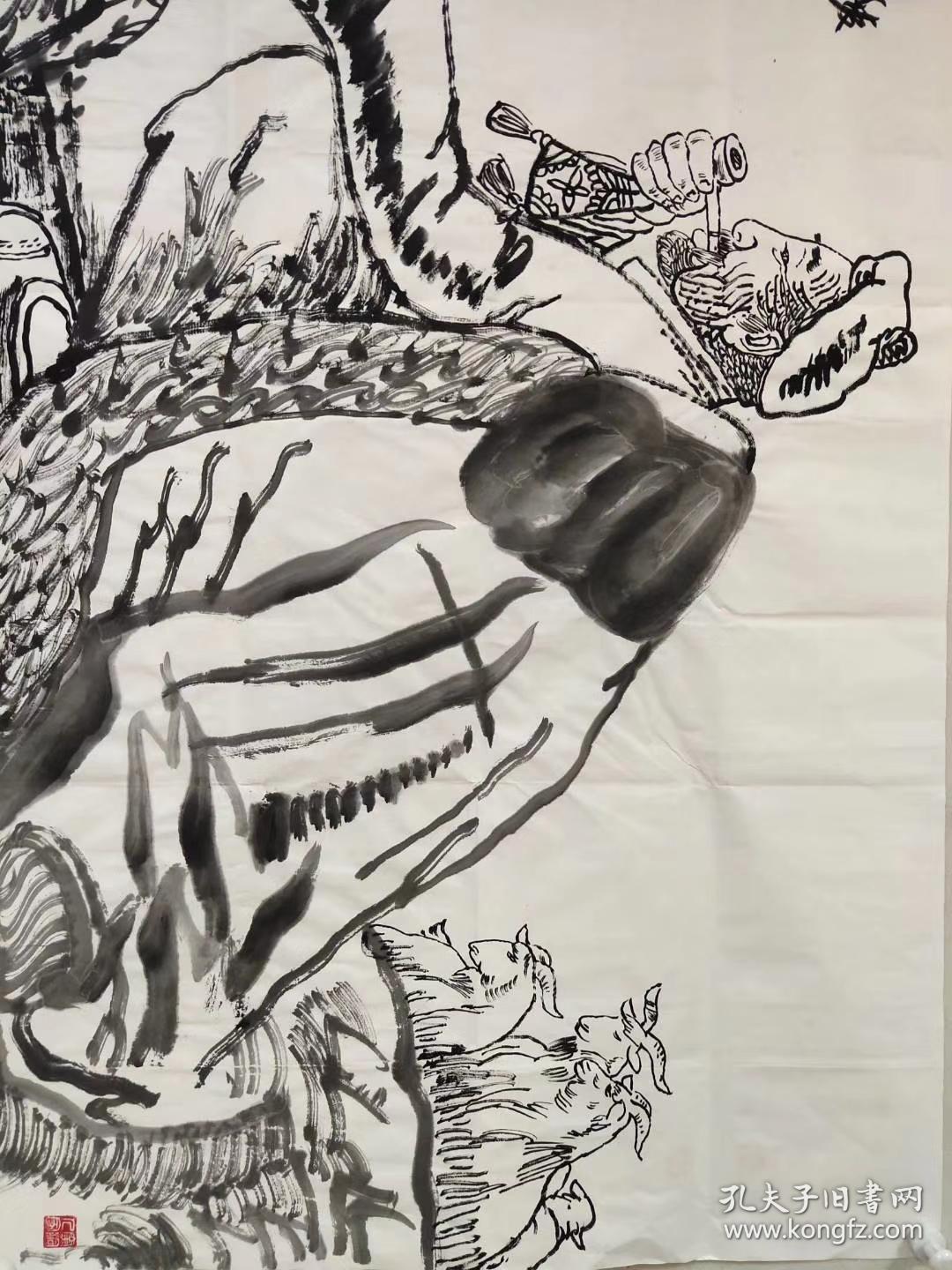 黄土画派创始人【刘文西】精品人物速写《陕北牧羊老人》一幅，带刘文西专用信封，四尺整纸，68厘米//136厘米