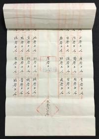 《圆 顿戒戒牒》1套4件全，有原纸封套2张，日本老旧写抄件，汉文，大正2年，1913年日本净土宗祖庭知恩院第79世传戒佛子孝誉授与受戒比丘尼教誉柳贤之物，内含《圆 顿戒许可》1件，内题《佛祖口传菩萨戒之事》，《圆 顿戒横》1件，内题《大乘圆 顿菩萨戒血脉》，《圆 顿戒竖》1件，内为法脉系谱，《宗脉》1件，内含《第一重往生记血脉》至《第五重论注口授心传血脉》，并实钤朱色法印，墨色花押印，实捺掌印等。