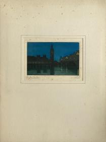 20世纪30年代老版画《伦敦大本钟》 原创套色蚀刻版画