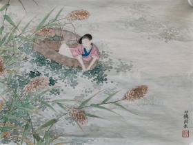 简社社友、工笔仕女大家、文人画家 周栗（幼鹤）丙申年（2016）工笔人物画“采菱仕女图”一幅（纸本软片，约0.8平尺） HXTX313229