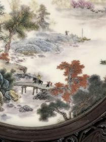 红木透空雕画框镶山水瓷板插屏《春韻》