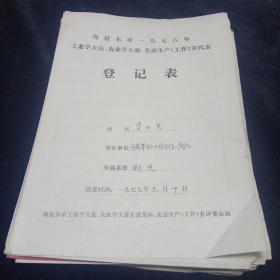 海拉尔市。1976年工业学大庆，农业学大寨，先进生产工作者代表登记表等。（十几份）