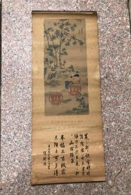 民国广告画印刷品:芝兰竞秀祝平安，清代宫廷画家擅长人物画-焦秉贞绘画，有张腾胜毛笔题诗。