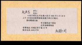 ［C4-40］北京市文物事业管理局老干部处北京首都博物馆2002年致前首都博物馆馆长、河北安国人赵其昌请柬/《刘子章先生书法展》定于2002.04.18在首都博物馆西展厅举行开幕式/刘子章山东淄博人，前北京市文物局原局长、党组书记/未经邮路。另赠1993.04.18致首都博物馆馆长马希桂请柬/纪念定陵地宫发掘35周年暨文物特展新闻发布会请柬。
