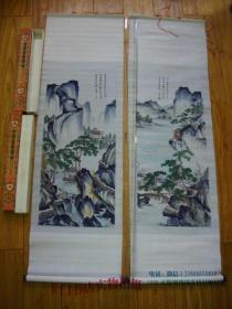 唐寅丝织品2张合售（春游女儿山，茅屋风清）每张102 × 31厘米，中国杭州都锦生丝织厂制。带轴\\\\原盒\\\\难得好品相