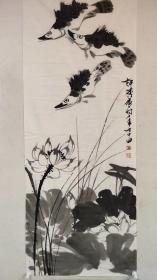 《许麟庐》精品国画《荷花 鳜鱼》一幅，53厘米//136厘米，自然老旧，喜欢的私聊