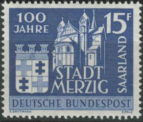德国邮票  萨尔地区 1957年 梅尔茨希市100周年 雕刻版 1全新DD
