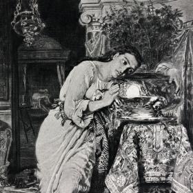 「伊莎贝拉与罗勒罐」亨特[绘] 1888年 美国艺术珍品巨幅版画 尺寸41.5*28厘米 /ATA227