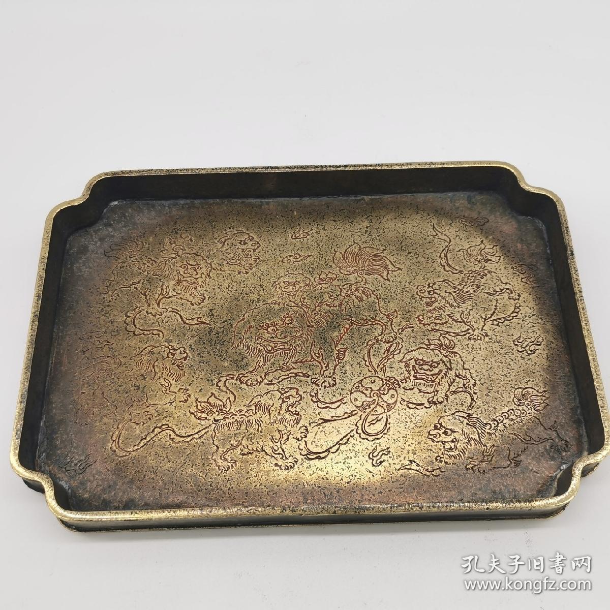 滇南万宝斋顾记狮子滚绣球铜茶盘