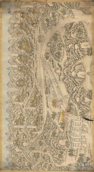 古地图1736清乾隆后绘明十三陵图。纸本大小97.97*178.44厘米。宣纸原色仿真。