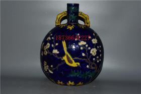 古董古玩老瓷器收藏 明永乐霁蓝釉珐华彩花鸟纹扁瓶