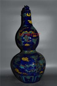古董古玩老瓷器收藏 明代霁蓝釉珐华彩雕刻龙纹葫芦瓶