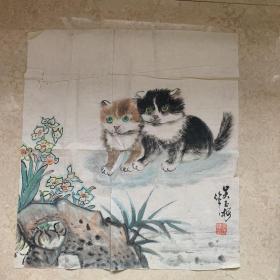 海上已故著名女画家吴玉梅手绘双猫图