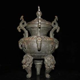 旧藏老铜胎螭龙耳神兽三足熏香炉摆件，重3300克