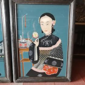 美女玻璃画一对仕女玻璃画人物反手画