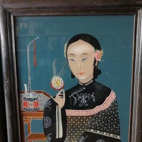 美女玻璃画一对仕女玻璃画人物反手画