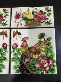 民国满洲国时期瓷砖8片 花鸟画图案