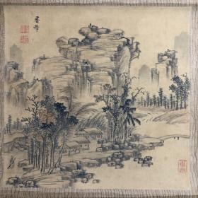 回流精品D25【山水双挖】落款【香峰】绢本老裱,紫檀轴头,画芯22*22厘米*2,品相如图,老旧黄斑,精品山水,包老包真,值得收藏!