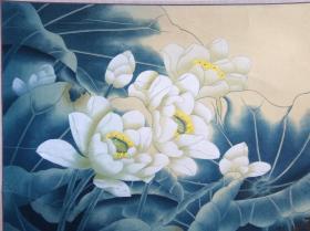 752h张杰《荷花》工笔画，立轴原裱