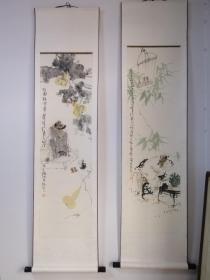 h957朝野款两条屏，乙酉年(零五年)人物画，立轴两条屏，保真手绘作品