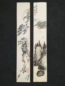 D466：手绘精品短册山水二幅(日本回流字画.回流老画.老字画)