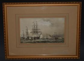 1864 年 巨型纯手工上色石版画（带画框）《皇家夜航船》The Royal Yacht off Margate, Night of March 5th 1863  品佳