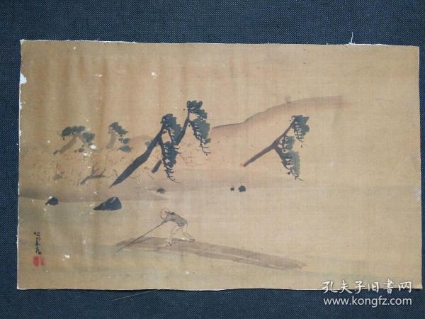 D460：回流手绘托片山水图(日本回流字画.回流老画.老字画)