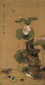 明 陈洪绶 荷花鸳鸯图 70x132cm 绢本 1:1国画真迹高清复制品