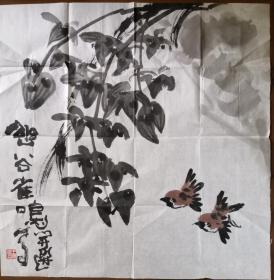 著名国画家汤文选入室弟子“王开选”教授水墨（幽谷雀鸣）一幅，尺寸：68.5*70厘米