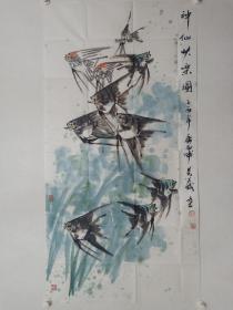 保真书画，广西著名画家吴学斌四尺整纸国画《神仙快乐图》一幅