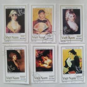 外国邮票：越南邮票1990年伦敦世界邮展欧洲名画专题6枚销票