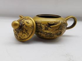 古玩铜器收藏；黄铜双凤壶；雕刻精美