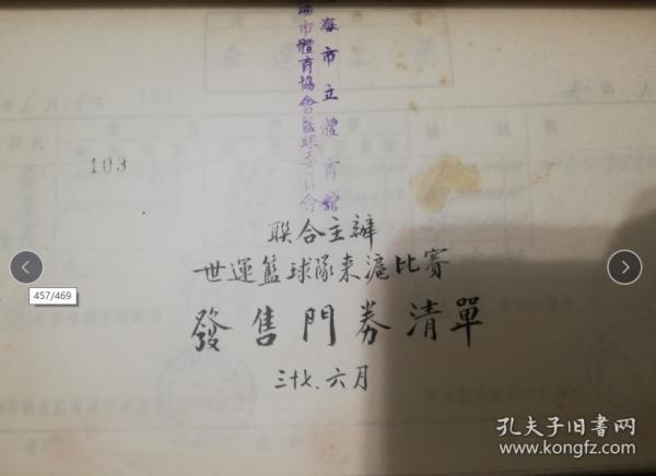 近代奥运史料 世界运动会篮球队来沪比赛发售门票清单（共七页）民国体育收藏