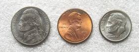 美国2003年1美分5美分2000年10美分3枚套硬币D版 原光近全新