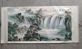 大师级鲁美教师作品：国画《云山飞瀑》大横幅。