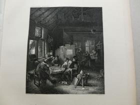【百元包邮】 《荷兰农民小酌》（DUTCH BOORS DRINKING） 1885年钢版画 纸张尺寸约31×22.5厘米（编号T000391）