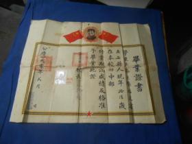 1950年，福建省晋江县立中学毕业证书，校长夏纪鼎签发（尺寸大。有毛像、国旗。上、中部，有点破损。原收藏者折叠存放，有折痕）