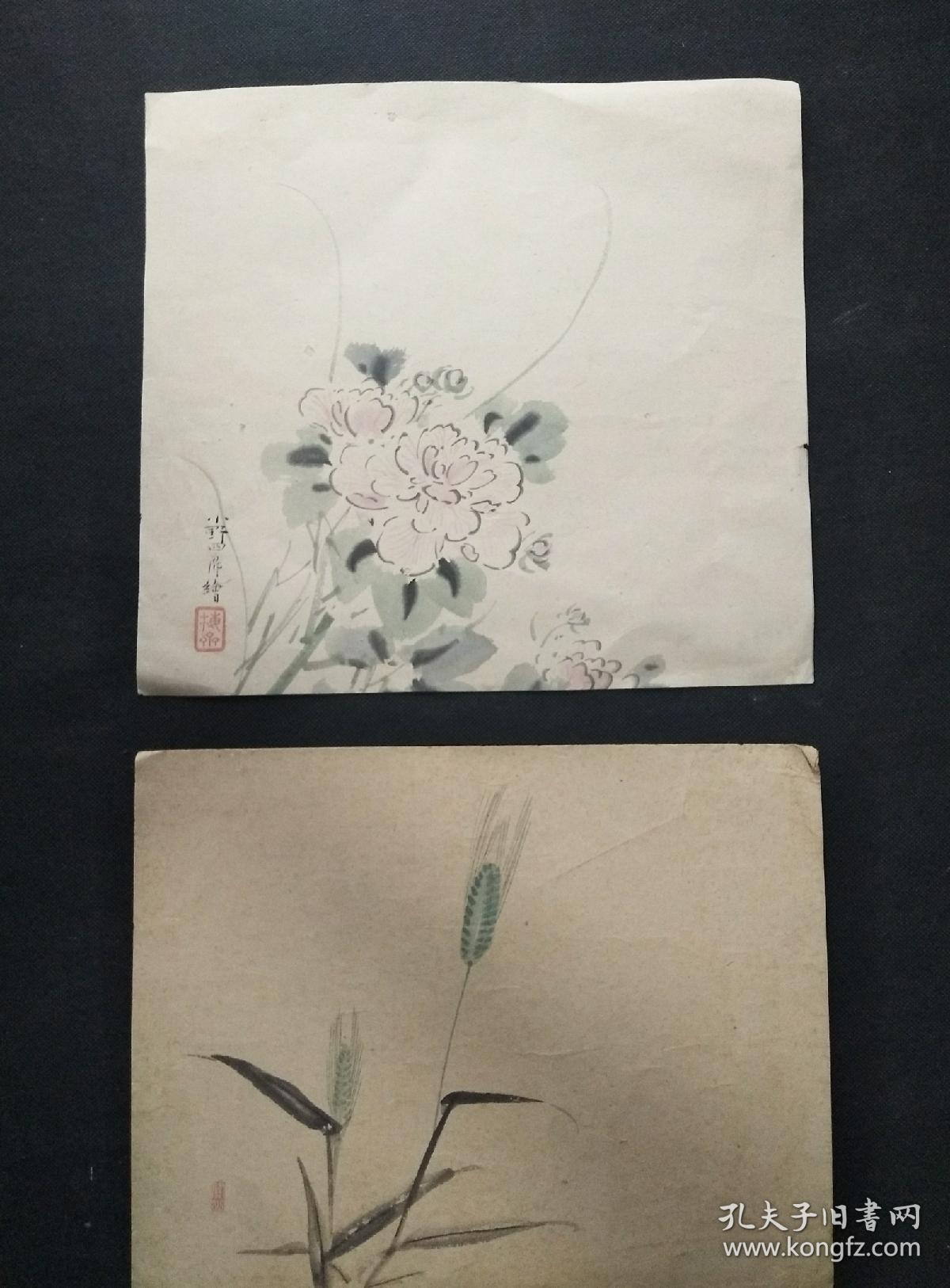 D588：回流手绘软片花卉图二幅，屏风裁下(日本回流.回流老画.老字画)