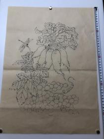 木版年画  萝卜 葡萄  蜻蜓图（46×34）cm  老版 老画，品相自鉴。