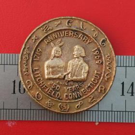 A041旧铜美国康涅狄格州大学250周年1719-1969纪念印章铜牌珍藏