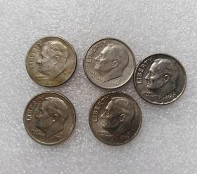 美国10美分 十美分硬币流通好品5枚一起 铜镍合金