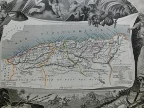 【百元包邮】稀少的老地图  法国殖民地 1856年制 周边配有钢版画图案 （编号Z000018）